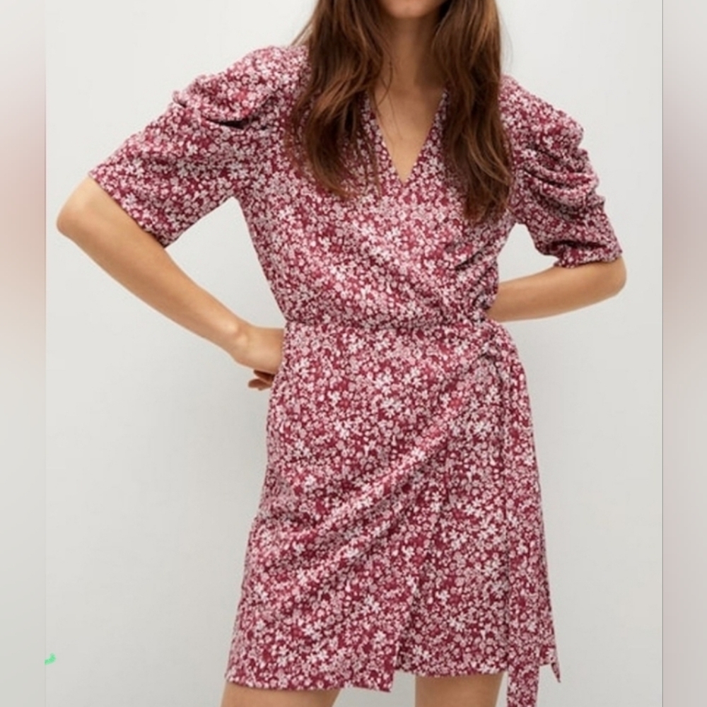 Mango Romantic Floral Wrap Dress Printed Dress with Puff Sleeves Size 4 - Picture 5 of 16